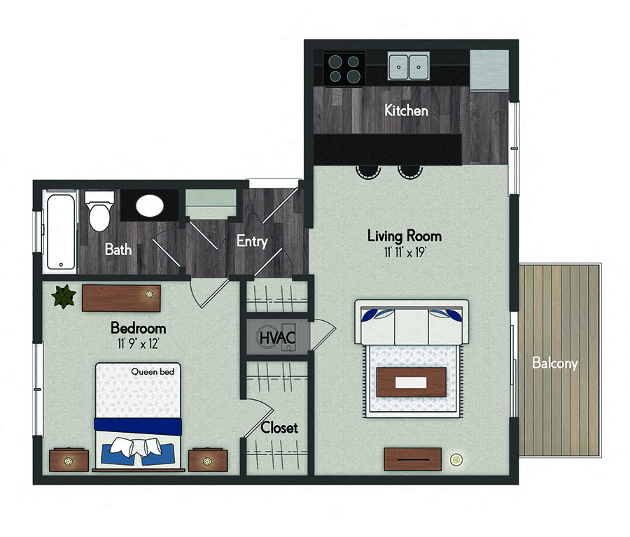 Floor plan for 1 bed, 1 bath, 650 sqft